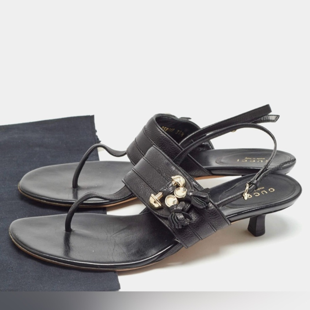 Gucci Black Leather Slingback Thong Sandals with Gold Tassel Hardware